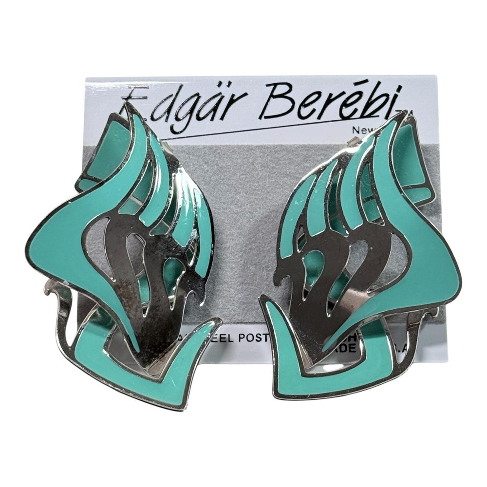 Berebi Huge Vintage Earrings Aqua Teal Enamel on Silver Metal Cutouts Geometric